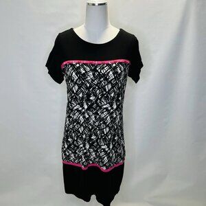 Joyous Free Dress Women’s Size Medium Black Pink Colorful Print Short Sleeve